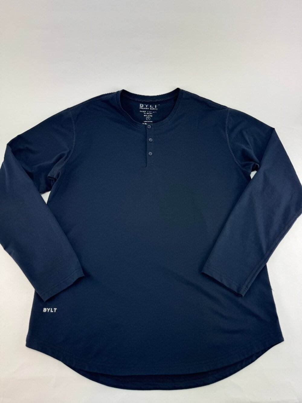 BYLT Basics Drop Cut Long Sleeve Henley Men's Large Navy Blue Lux Premium